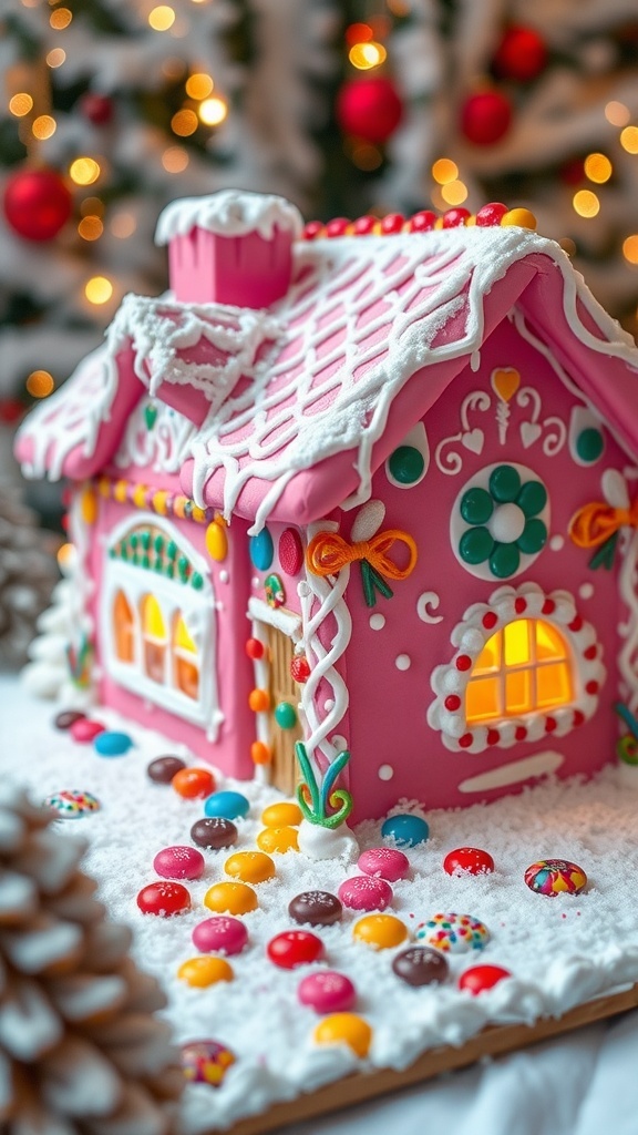 A pink gingerbread house decorated with icing and candies, surrounded by holiday decorations.